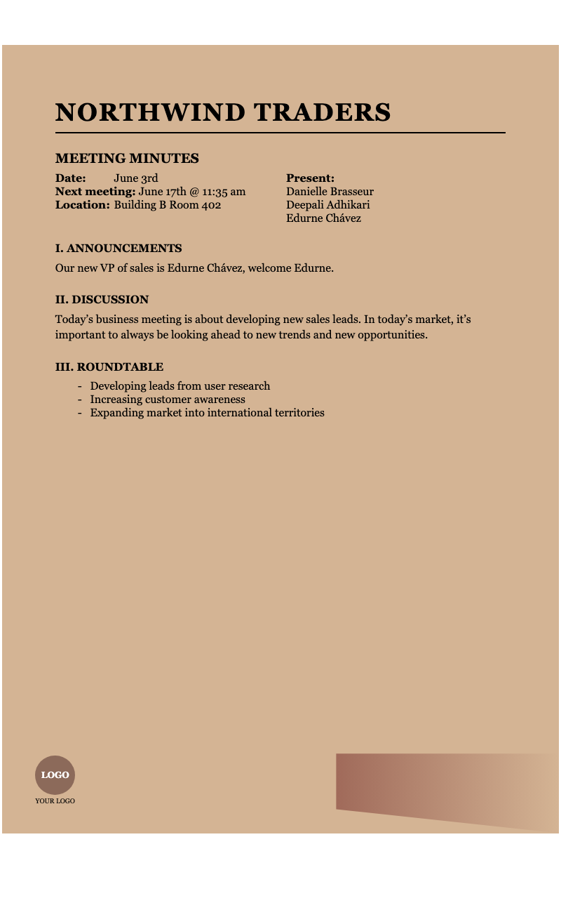 Bold meeting agenda - Professional meeting minutes template with brown accents, perfect for corporate discussions and team updates.